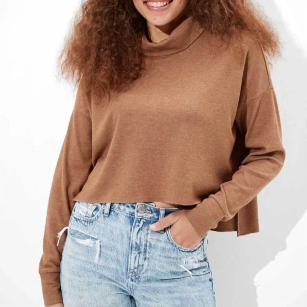American Eagle Mock Neck Thermal Top Cinnamon Spice‎ Brown Long Sleeve Size XS